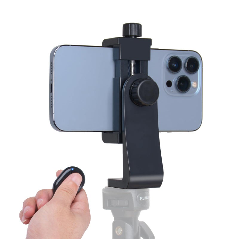 Ruittos Phone Tripod Mount Adapter with Camera Remote Controller, Cell Phone Holder Clip with Adjustable Clamp Compatible with iPhone, Samsung, HTC, Huawei etc., Include Wrist Strap - Image 1